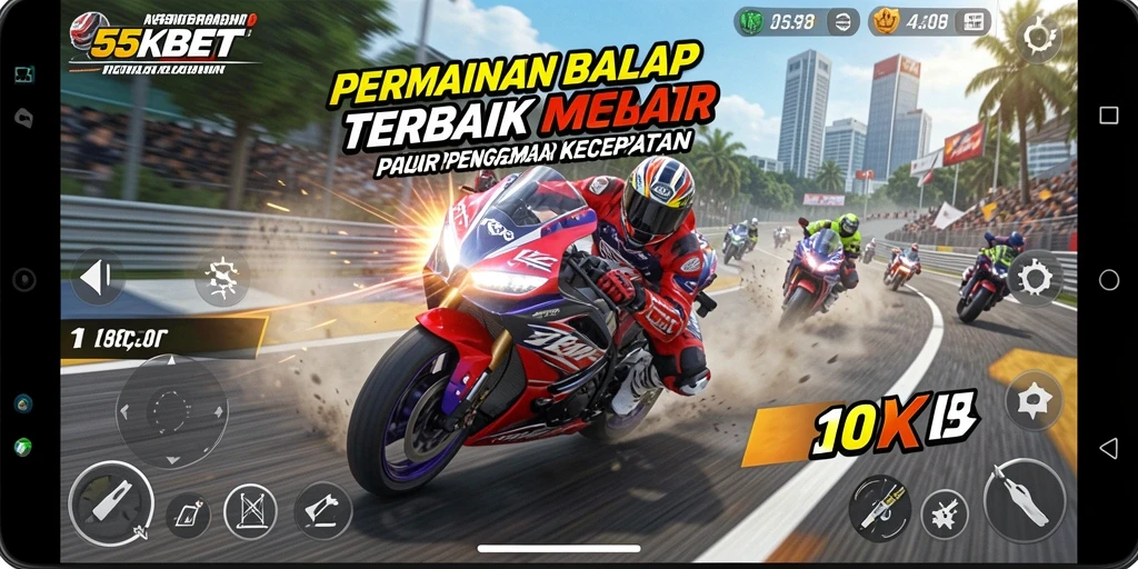 Tampilan gameplay mendebarkan dari 55KBET dengan balapan motor yang seru.