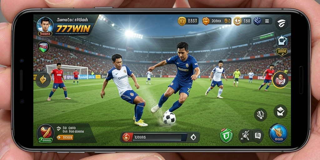Screenshot gameplay 777WIN yang menampilkan aksi sepak bola yang mendebarkan.