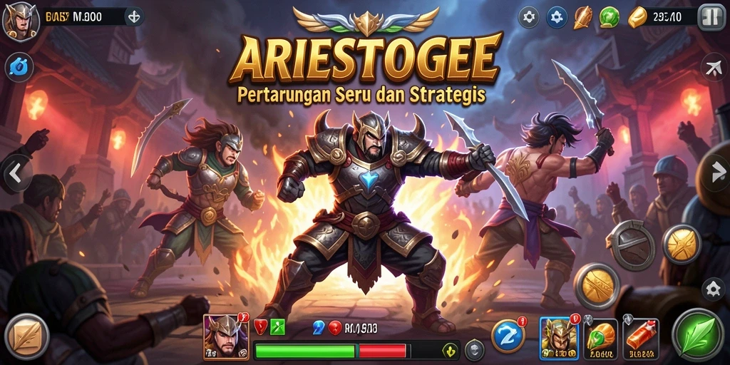 Tampilan aksi pertarungan seru di ARIESTOGEL dengan karakter beragam.
