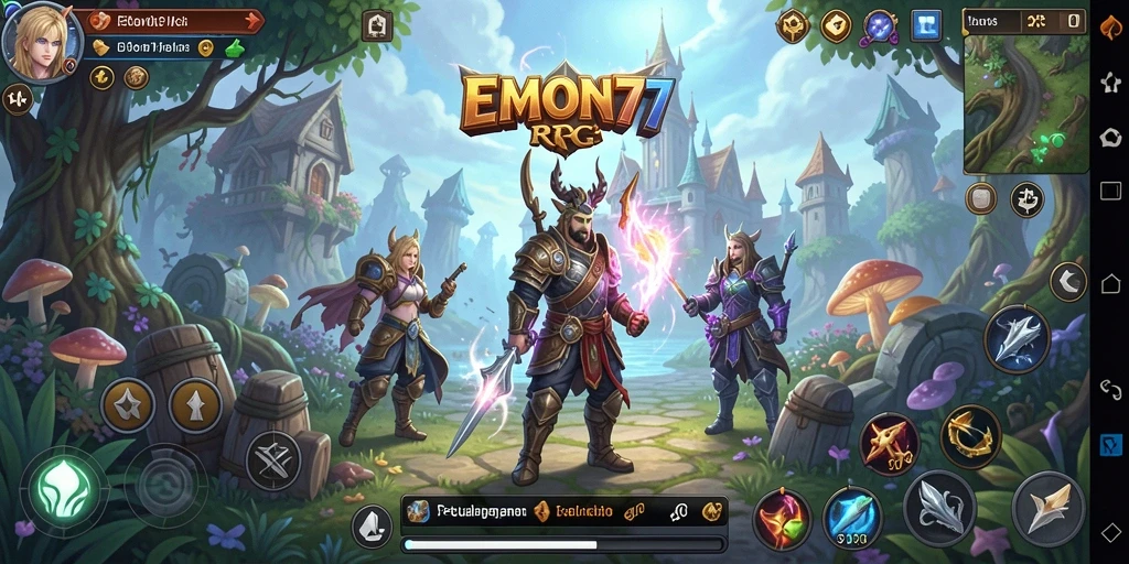 Screenshot gameplay EMON77 menampilkan karakter bertarung melawan monster dalam aksi RPG.