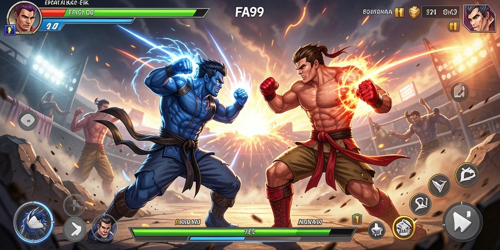 Tampilan gameplay FA99 saat pertarungan penuh aksi.